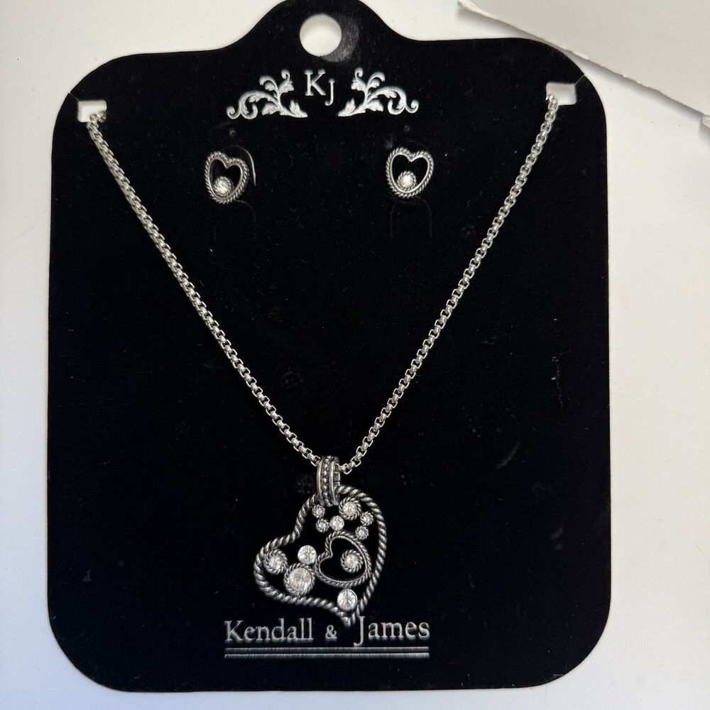 Kendall & James Silver Tone Rhinestone Heart Necklace & Marching Earring Set New